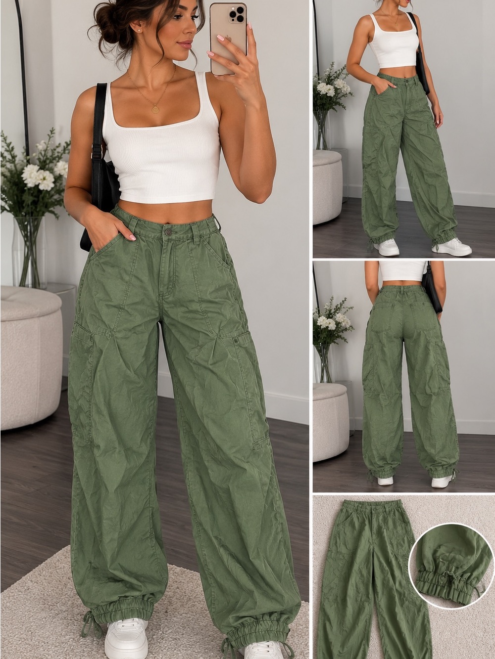 High-Rise Olive Cargo Wide-Leg Pants